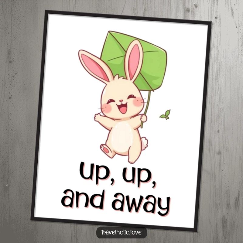 Funny Bunny Kite Digital Art Print showing a joyful bunny soaring slightly with a giant leaf kite. Whimsical and uplifting art.