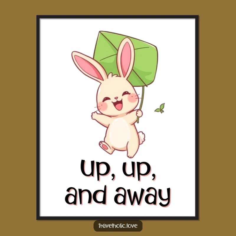 Funny Bunny Kite Digital Art: Joyful Rabbit Leaf Flying Print, Unique Funny Gift