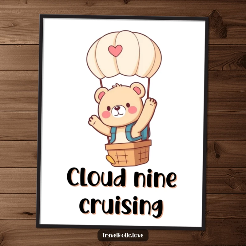 Funny kawaii bear with a tiny backpack, waving from a hot air balloon, printable digital art, adventure theme.