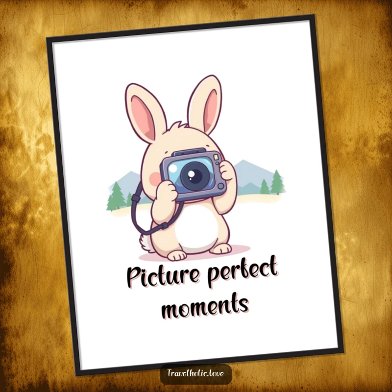 Funny kawaii rabbit with a tiny camera, focused on distant mountains, printable digital art, nature theme.