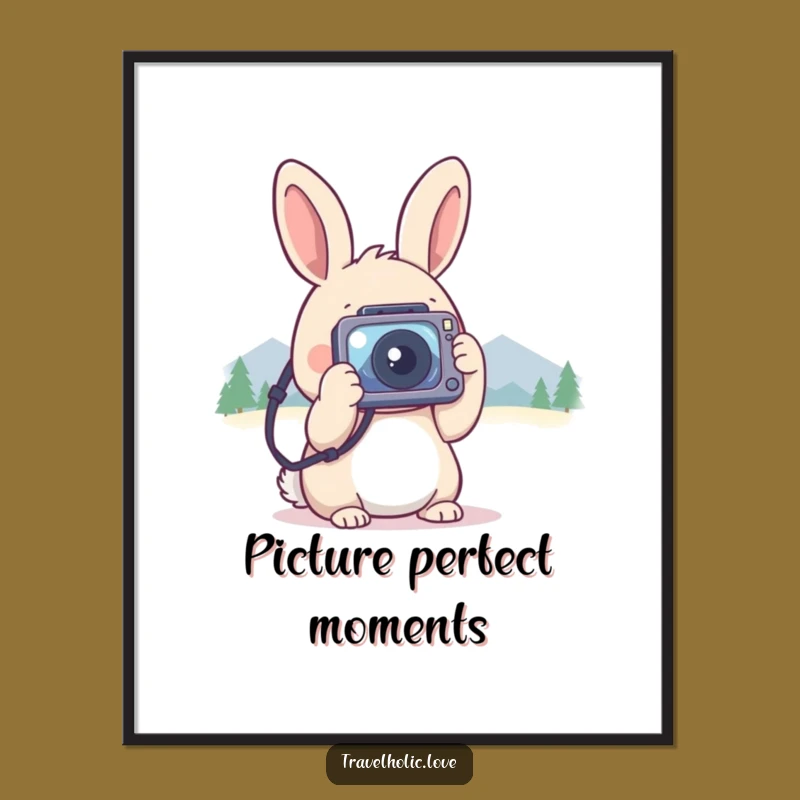 Funny Kawaii Rabbit Camera Mountains Digital Print Nature Art Gift
