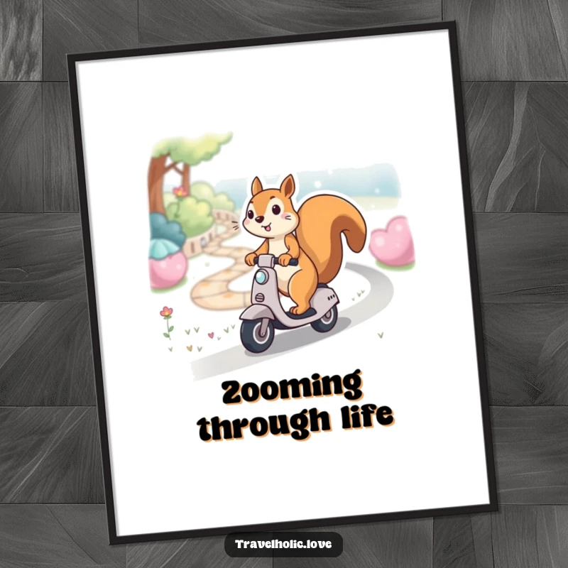 Funny kawaii squirrel gleefully riding a miniature scooter down a winding path, printable digital art, playful theme.