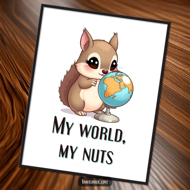 Funny Squirrel Globe Digital Art Print showing a curious squirrel examining a miniature spinning globe with wide eyes. Educational and humorous art.
