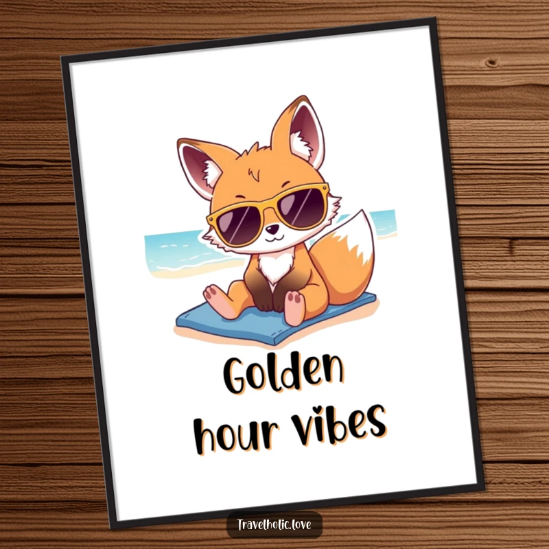 Funny kawaii fox wearing oversized sunglasses, lounging on a sunny beach, printable digital art, summer theme.