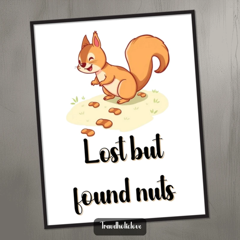 Funny squirrel gleefully navigating a winding path of tiny footprints, humorous digital art print for instant wall decor.