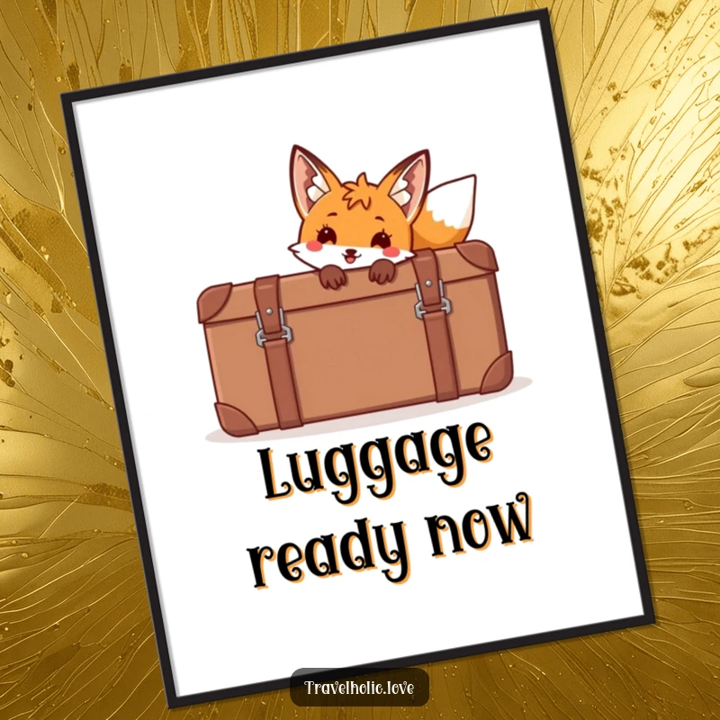 Funny fox peeking from behind a giant cartoon suitcase in a digital art print, ready to download.