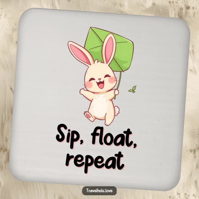 Funny Bunny Kite Coaster featuring a joyful bunny soaring with a giant leaf kite. Whimsical and protective.