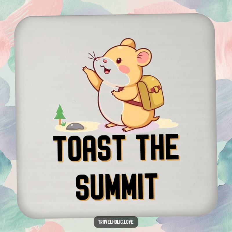 Funny Hamster Adventure Coaster featuring a happy hamster with a backpack pointing towards a distant mountain.