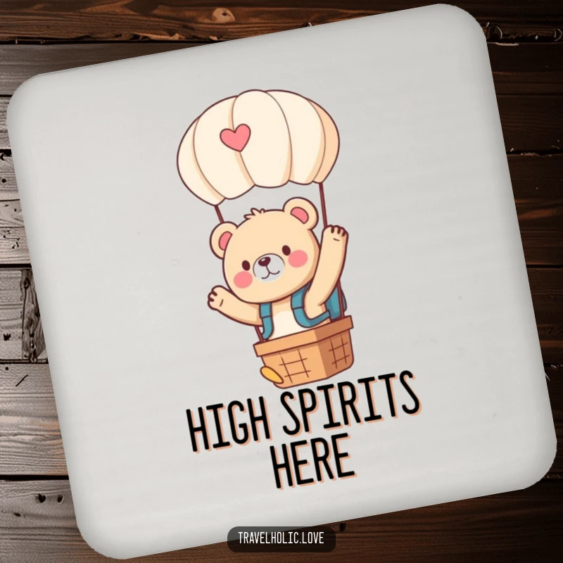Funny kawaii bear with a tiny backpack, waving from a hot air balloon, cute coasters for drinks.