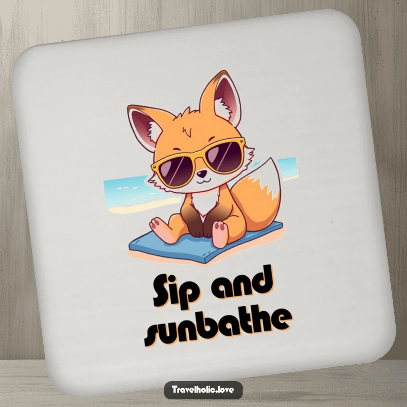 Funny kawaii fox with oversized sunglasses, lounging on a sunny beach, cute coasters for drinks.