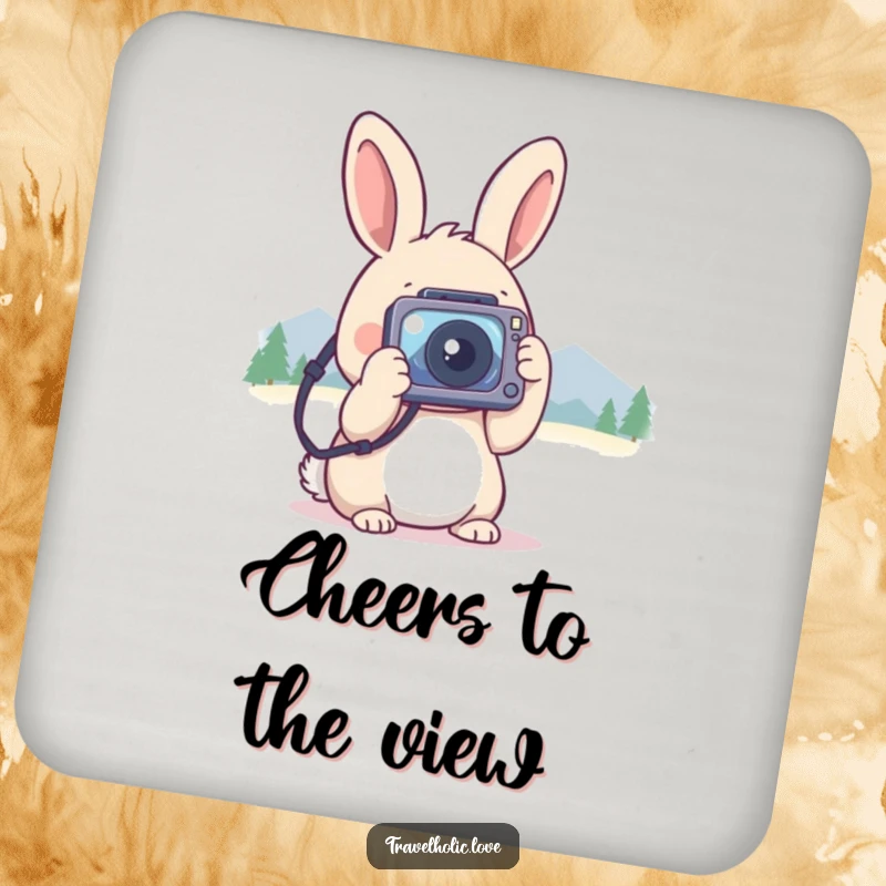 Funny kawaii rabbit with a tiny camera, focused on distant mountains, cute coasters for drinks.