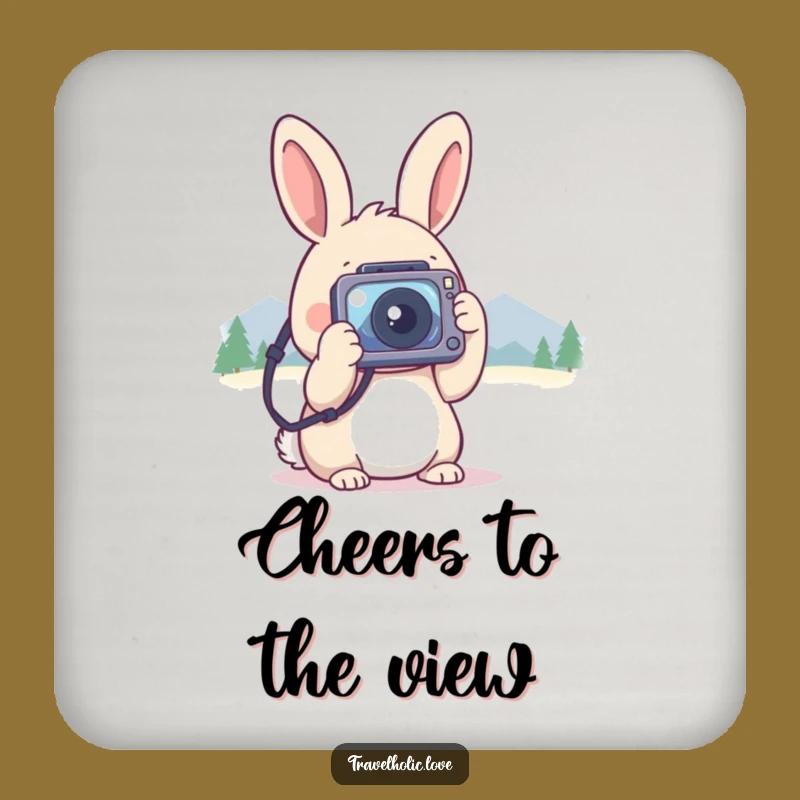 Funny Kawaii Rabbit Camera Mountains Coaster Set Nature Decor Gift