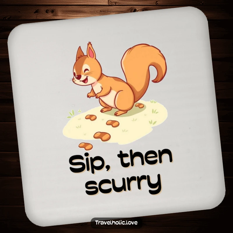 Funny squirrel following a winding path of tiny footprints on a drink coaster, a humorous and practical accessory.
