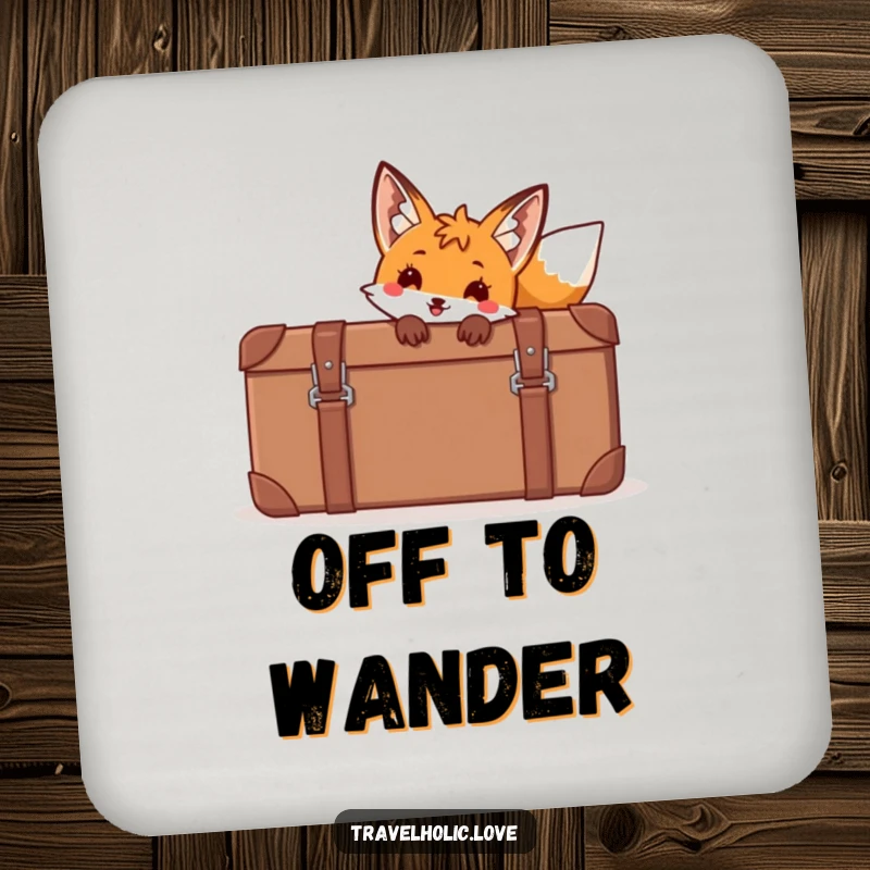 Funny fox peeking from behind a giant cartoon suitcase on a drink coaster, adding playful decor.