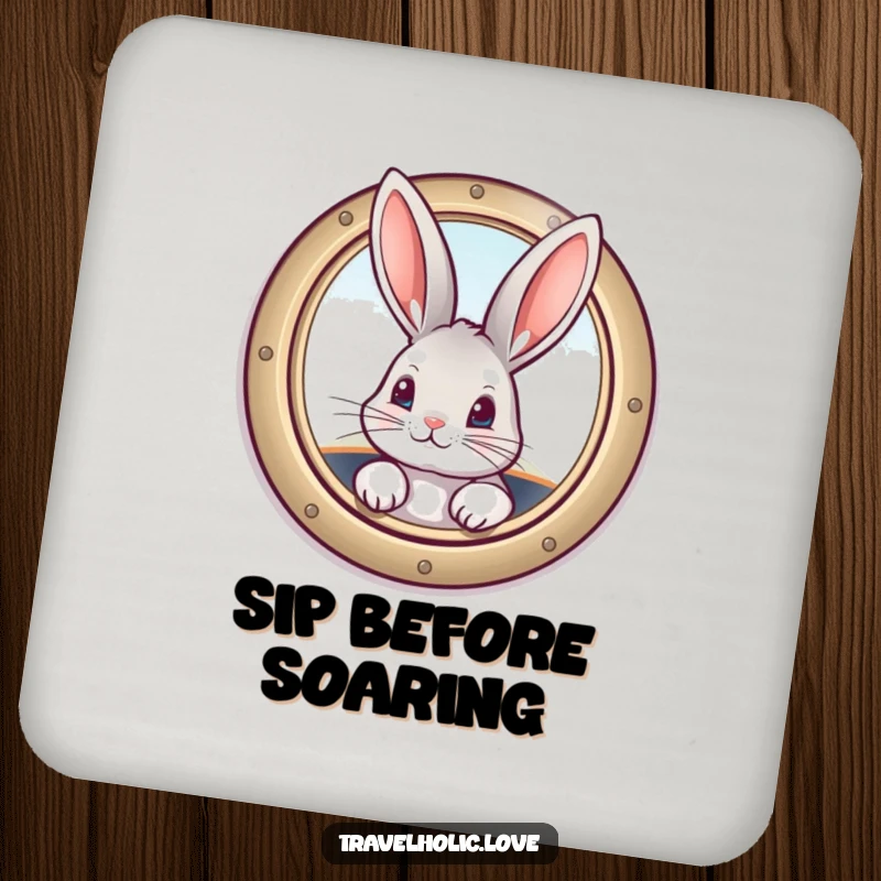Funny bunny peeking from a vintage airplane window on a drink coaster, a humorous and practical accessory.