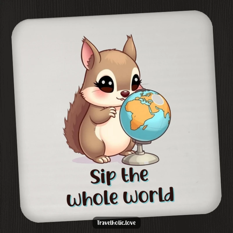 Funny Squirrel Globe Coaster featuring a curious squirrel examining a miniature spinning globe with wide eyes. Protective and amusing.
