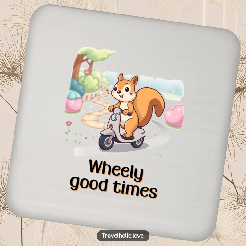 Funny kawaii squirrel gleefully riding a miniature scooter down a winding path, cute coasters for drinks.