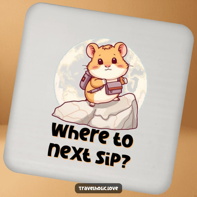Funny hamster with a backpack climbing a giant map on a drink coaster, a humorous and practical home accessory.
