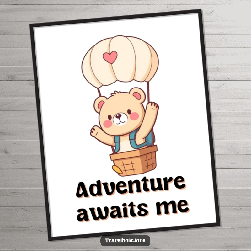 Funny kawaii bear with a tiny backpack, waving from a hot air balloon, colorful and exciting wall art poster.