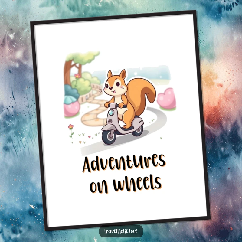 Funny kawaii squirrel gleefully riding a miniature scooter down a winding path, cheerful and vibrant wall art poster.