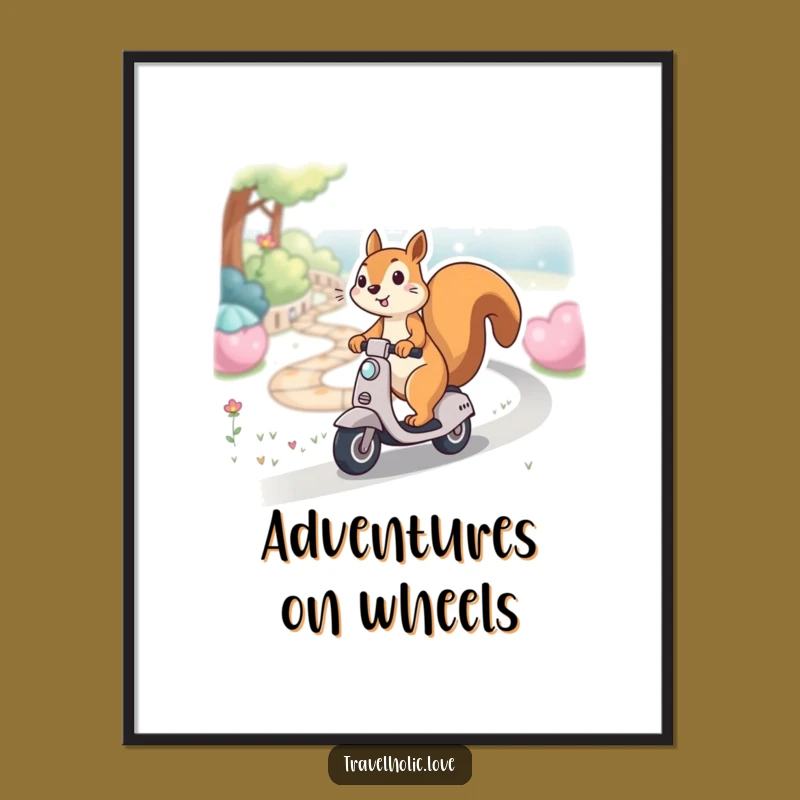 Funny Kawaii Squirrel Scooter Path Poster Whimsical Wall Art Gift