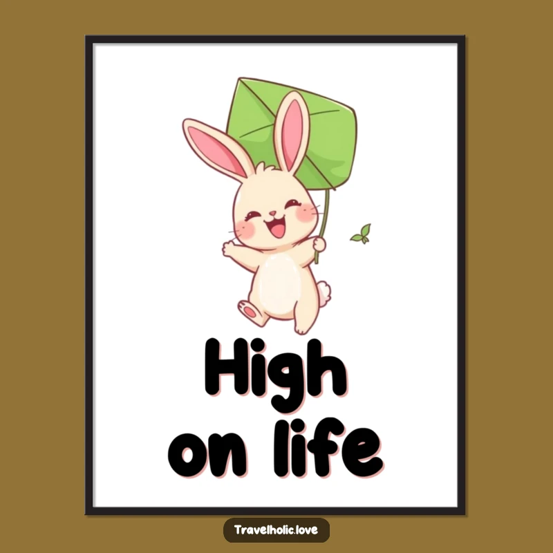 Funny Bunny Kite Poster: Joyful Rabbit Leaf Art, Whimsical Funny Gift Decor