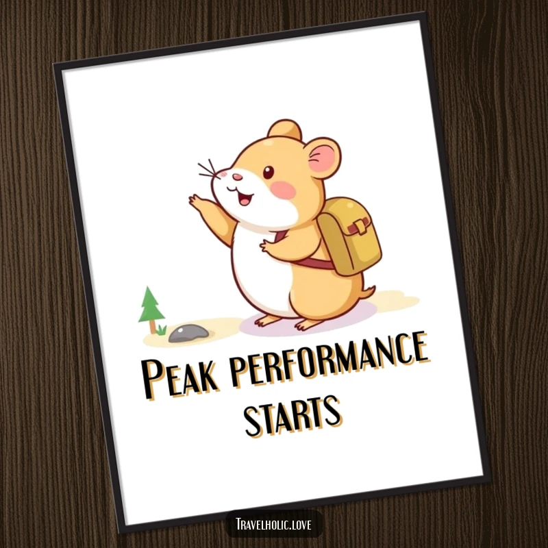 Funny Hamster Adventure Poster showing a happy hamster with a backpack pointing excitedly at a distant mountain peak.