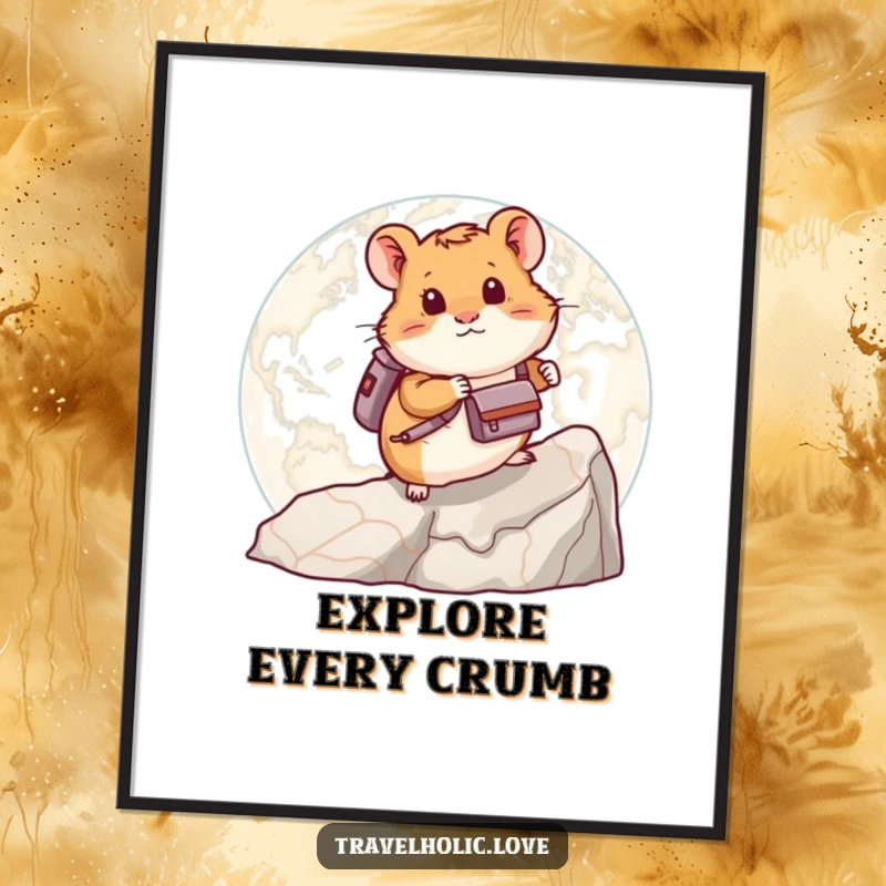 Funny hamster with a backpack scaling a giant map, whimsical and humorous wall art poster for aspiring travelers.