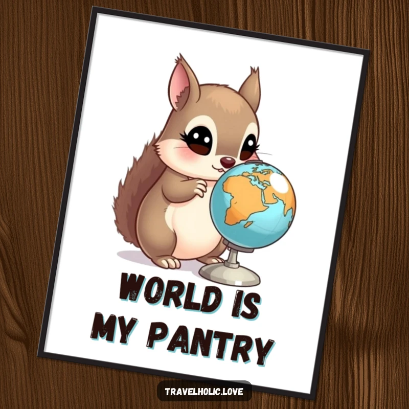 Funny Squirrel Globe Poster showing a curious squirrel with wide eyes examining a miniature spinning globe. Educational and funny art.