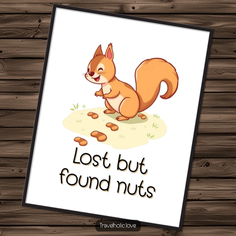 Funny squirrel gleefully tracking a winding path of tiny footprints, whimsical and humorous wall art poster.