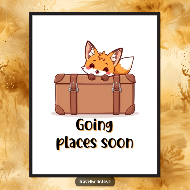 Funny fox peeking from behind a giant cartoon suitcase on a vibrant poster, ideal for wall decor.