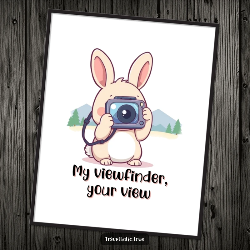 Funny kawaii rabbit with a tiny camera, focused on distant mountains, beautiful nature photography poster.