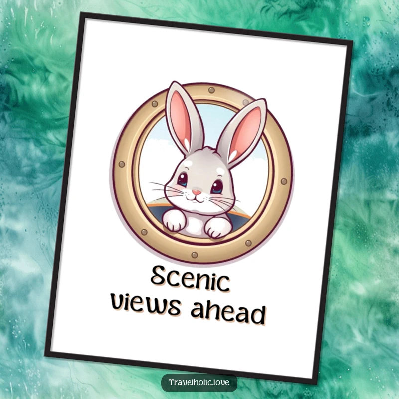 Funny bunny peeking from a vintage airplane window, whimsical and humorous wall art poster.