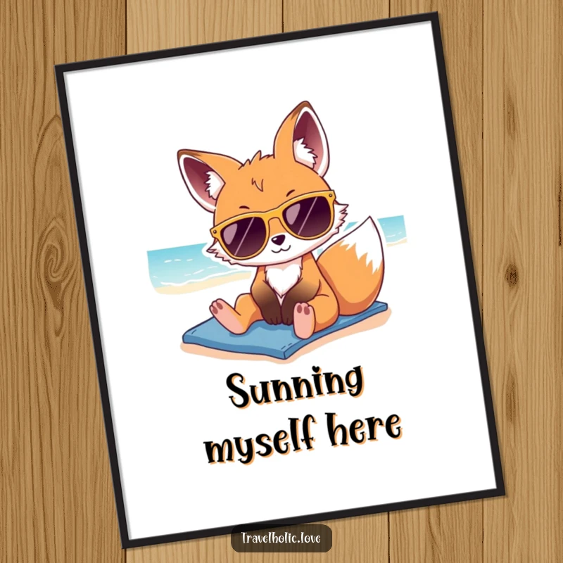 Funny kawaii fox wearing oversized sunglasses, lounging on a sunny beach, cool and vibrant wall art poster.