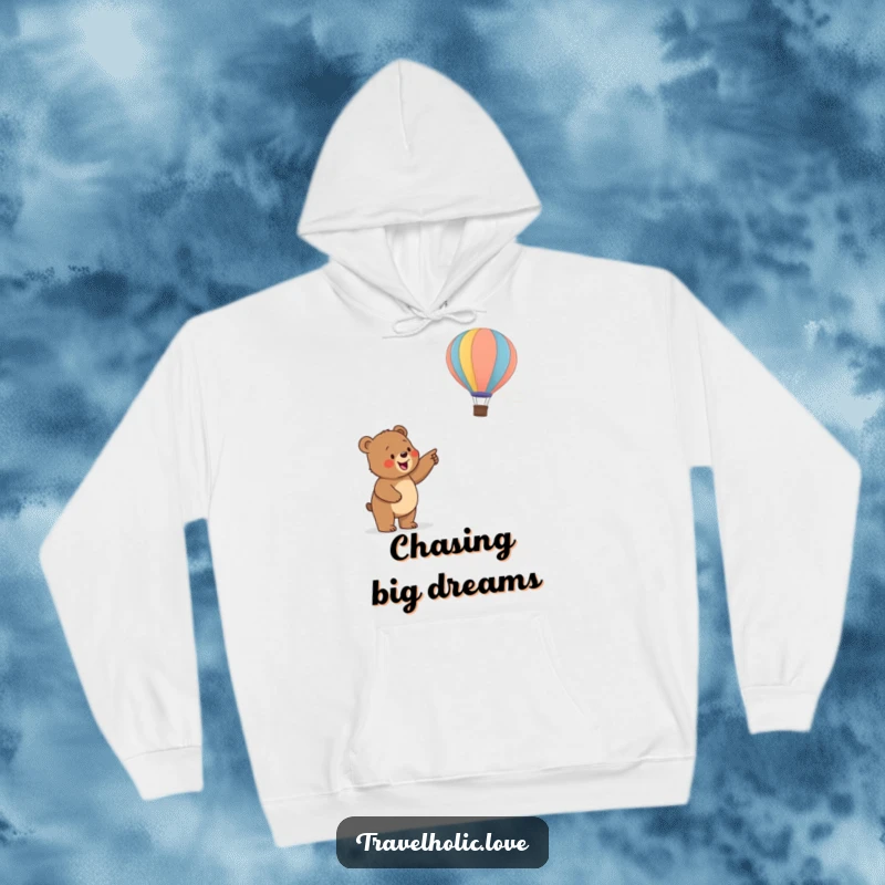Funny bear cub pointing at a hot air balloon, a cozy and humorous hoodie for adventure lovers.