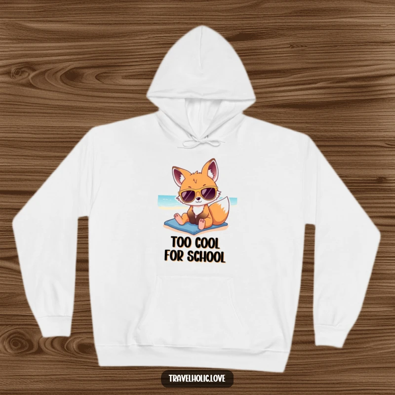 Funny kawaii fox wearing oversized sunglasses, lounging on a sunny beach, warm and comfortable hoodie.