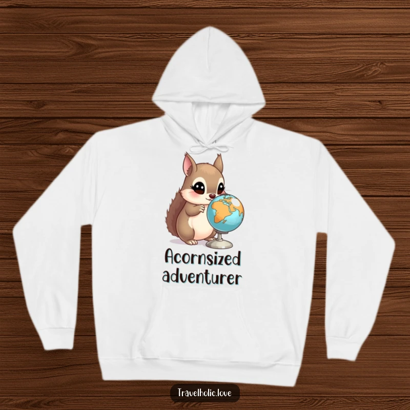 Funny Squirrel Globe Hoodie showing a curious squirrel with wide eyes examining a miniature spinning globe. Cozy and intriguing.