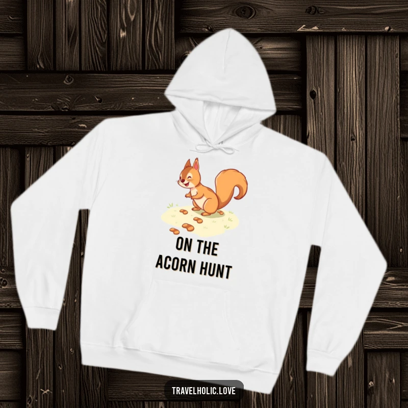 Funny squirrel navigating a path of tiny footprints, a cozy and humorous hoodie for woodland enthusiasts.