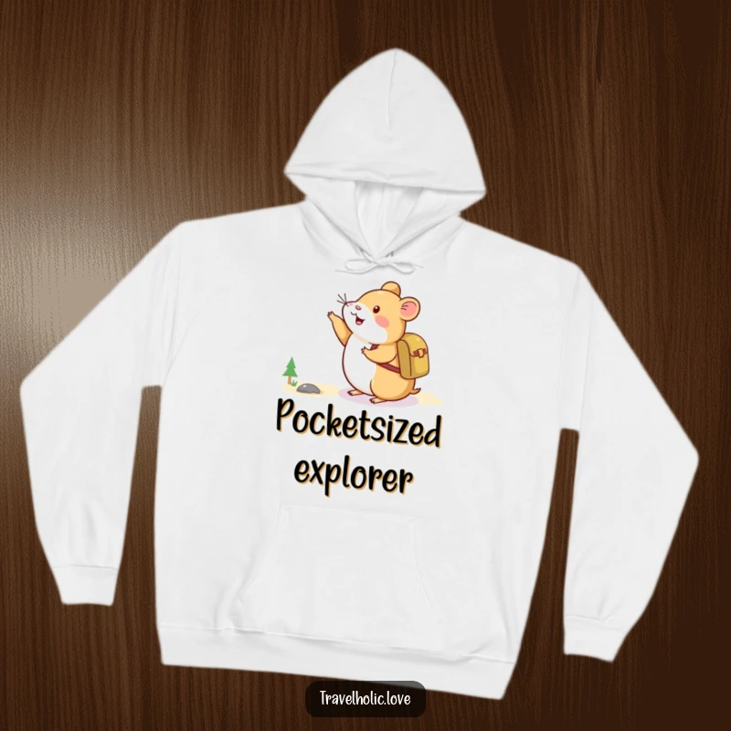 Funny Hamster Adventure Hoodie showing a happy hamster with a backpack pointing enthusiastically towards a distant mountain.