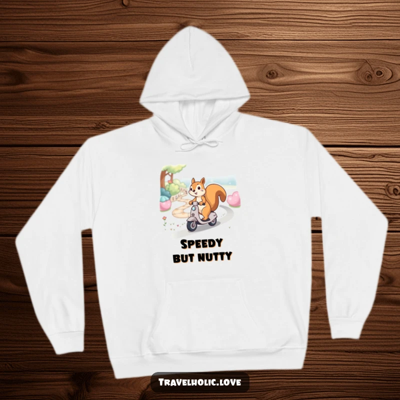 Funny kawaii squirrel gleefully riding a miniature scooter down a winding path, warm and comfortable hoodie.