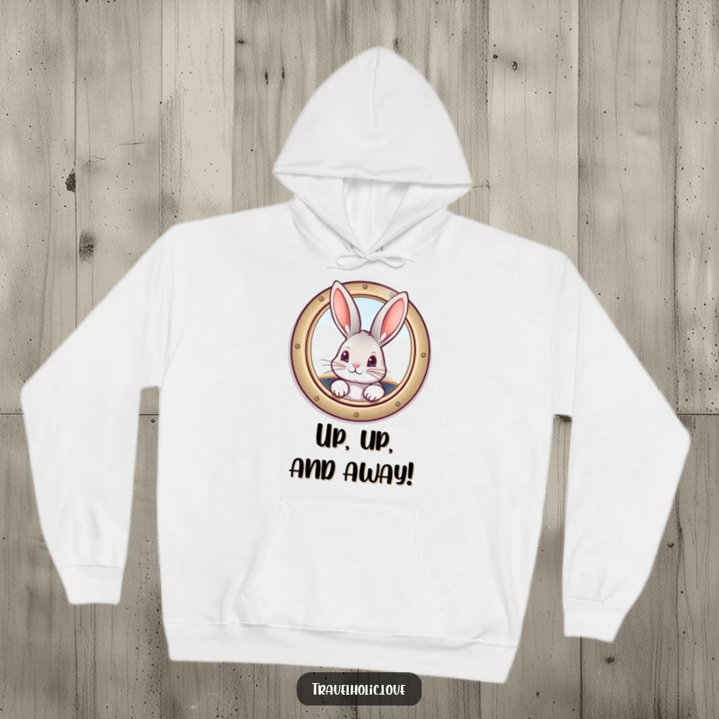 Funny bunny peeking from a vintage airplane window, a cozy and humorous hoodie for aviation fans.