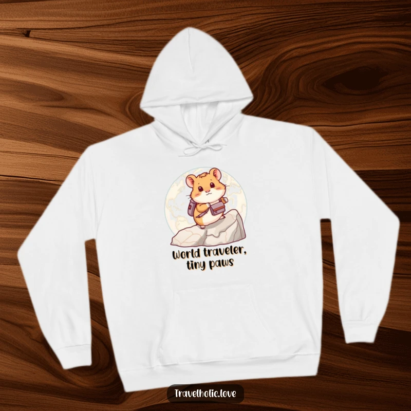 Funny hamster in a small backpack, climbing a giant map, a cozy and humorous hoodie for adventurers.