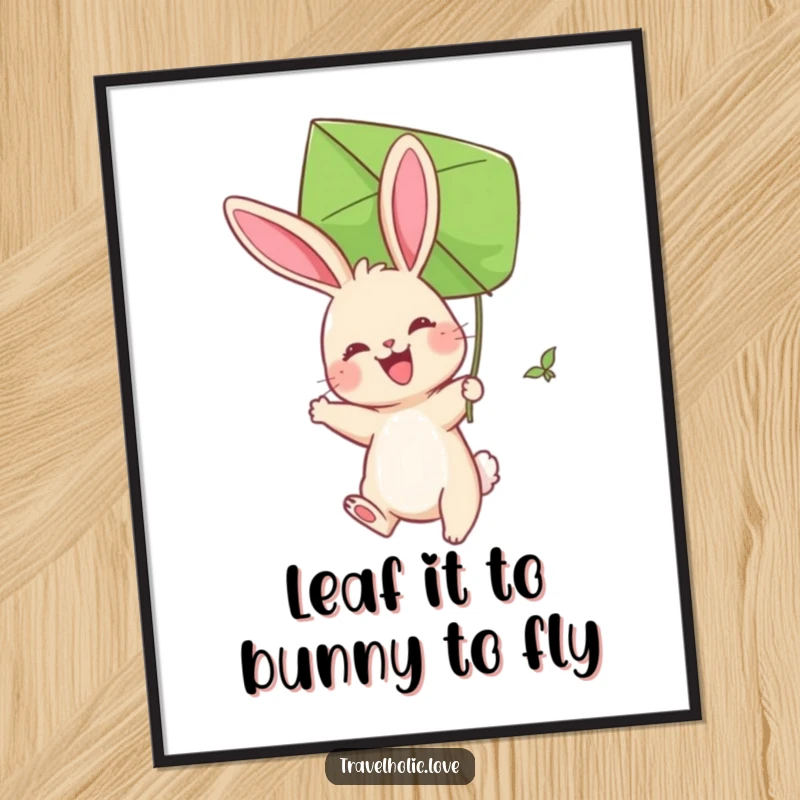 Funny Free Printable Bunny Kite Wall Art: A joyful bunny soars slightly, playfully using a giant leaf as a kite.