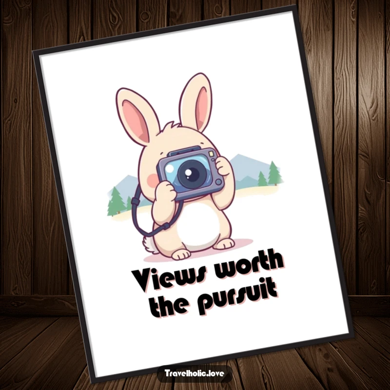Funny Free Printable Wall Art featuring a kawaii rabbit with a tiny camera, snapping photos of majestic distant mountains, a true adventurer.