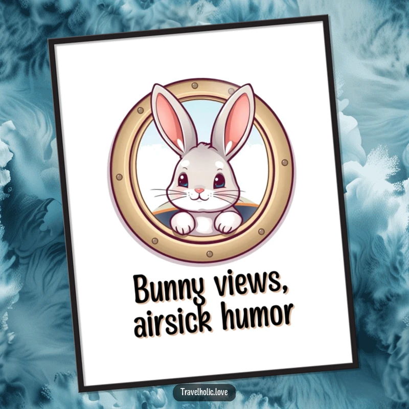 Funny free printable wall art of a curious bunny peeking from a vintage airplane window, a humorous and charming downloadable piece.