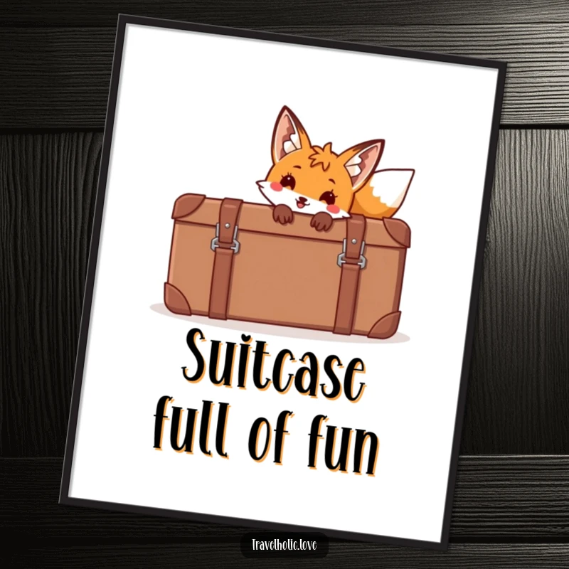 Funny Free Printable Fox Wall Art: Playful fox peeking from a giant, cartoonish suitcase, whimsical decor.