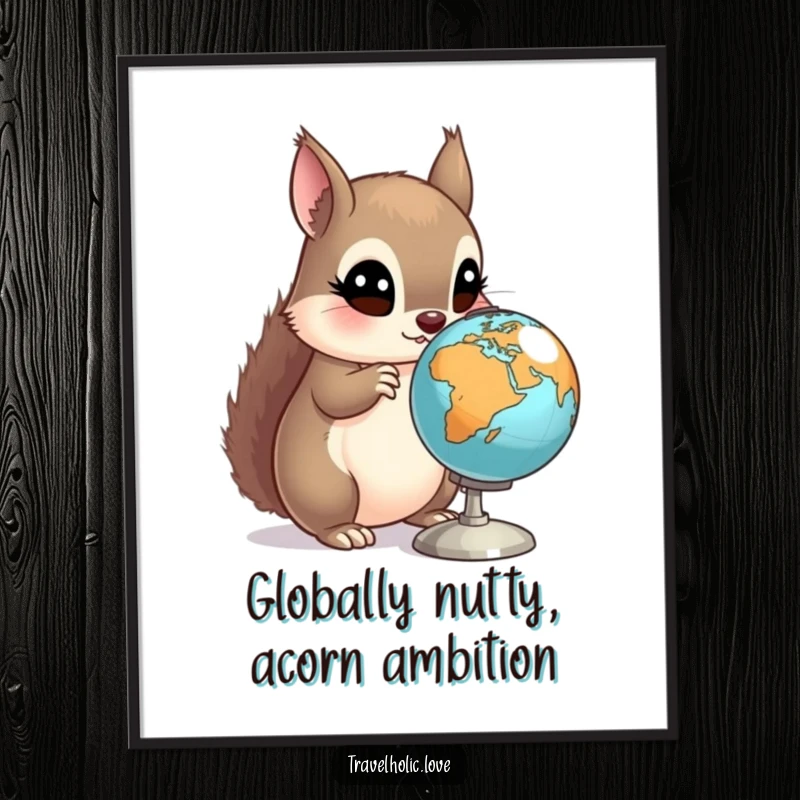 Funny Free Printable Squirrel Globe Wall Art: A curious squirrel intently examines a miniature spinning globe with wide, fascinated eyes.