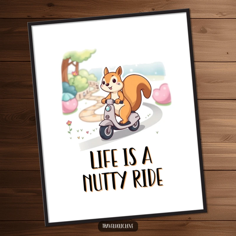 Funny Free Printable Wall Art depicting a kawaii squirrel gleefully riding a miniature scooter down a winding, scenic path, full of joy.