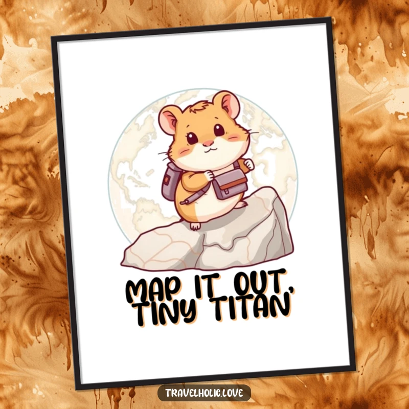 Funny free printable wall art of a cute hamster in a backpack climbing a giant map, a humorous and inspiring downloadable piece.