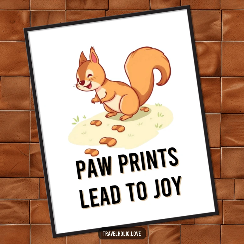 Funny free printable wall art of a playful squirrel gleefully navigating a winding path made of tiny footprints, a humorous downloadable piece.